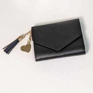 Tri-Fold Tassel Wallet Vegan Leather Black Valentine's Day Heart
